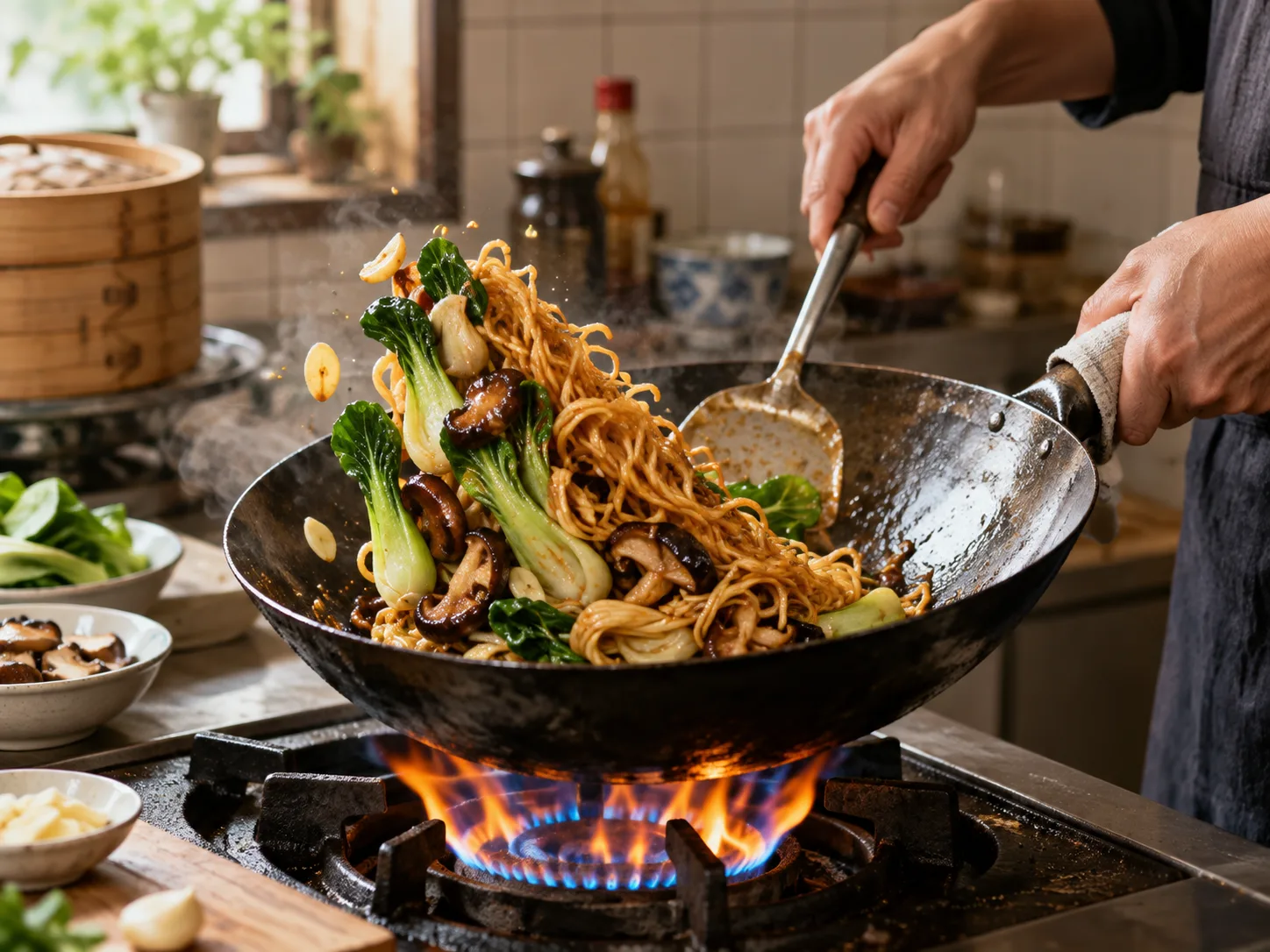 Salteado con ajo en un wok de cocina china