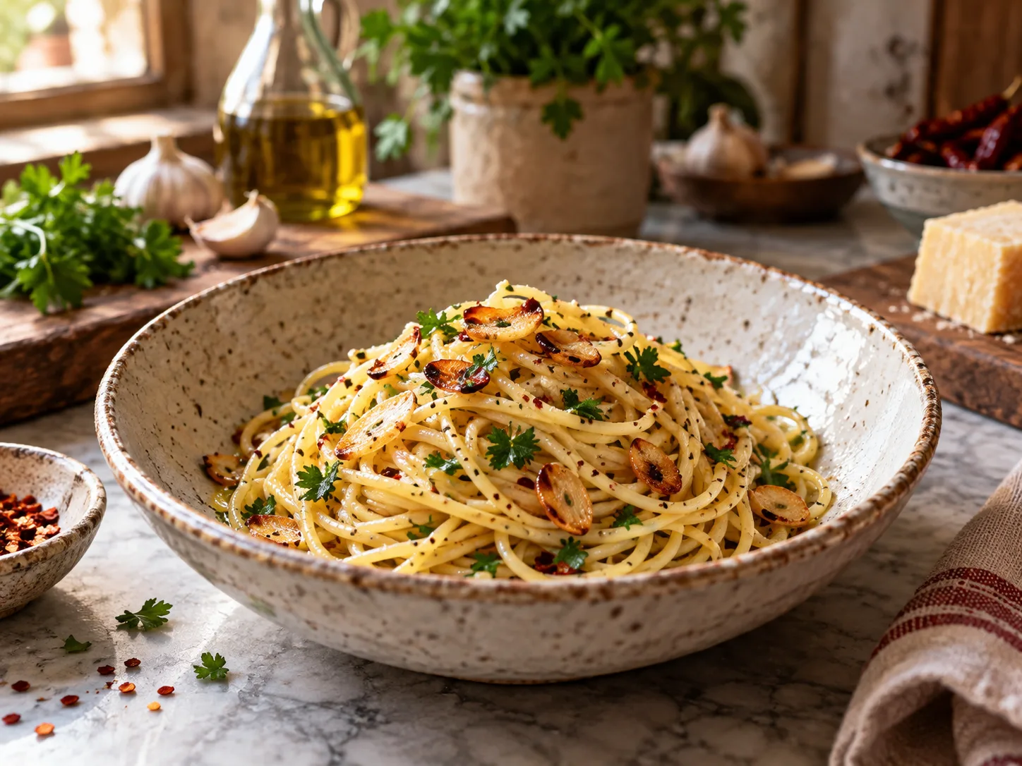 Pasta italiana con ajo y aceite de oliva
