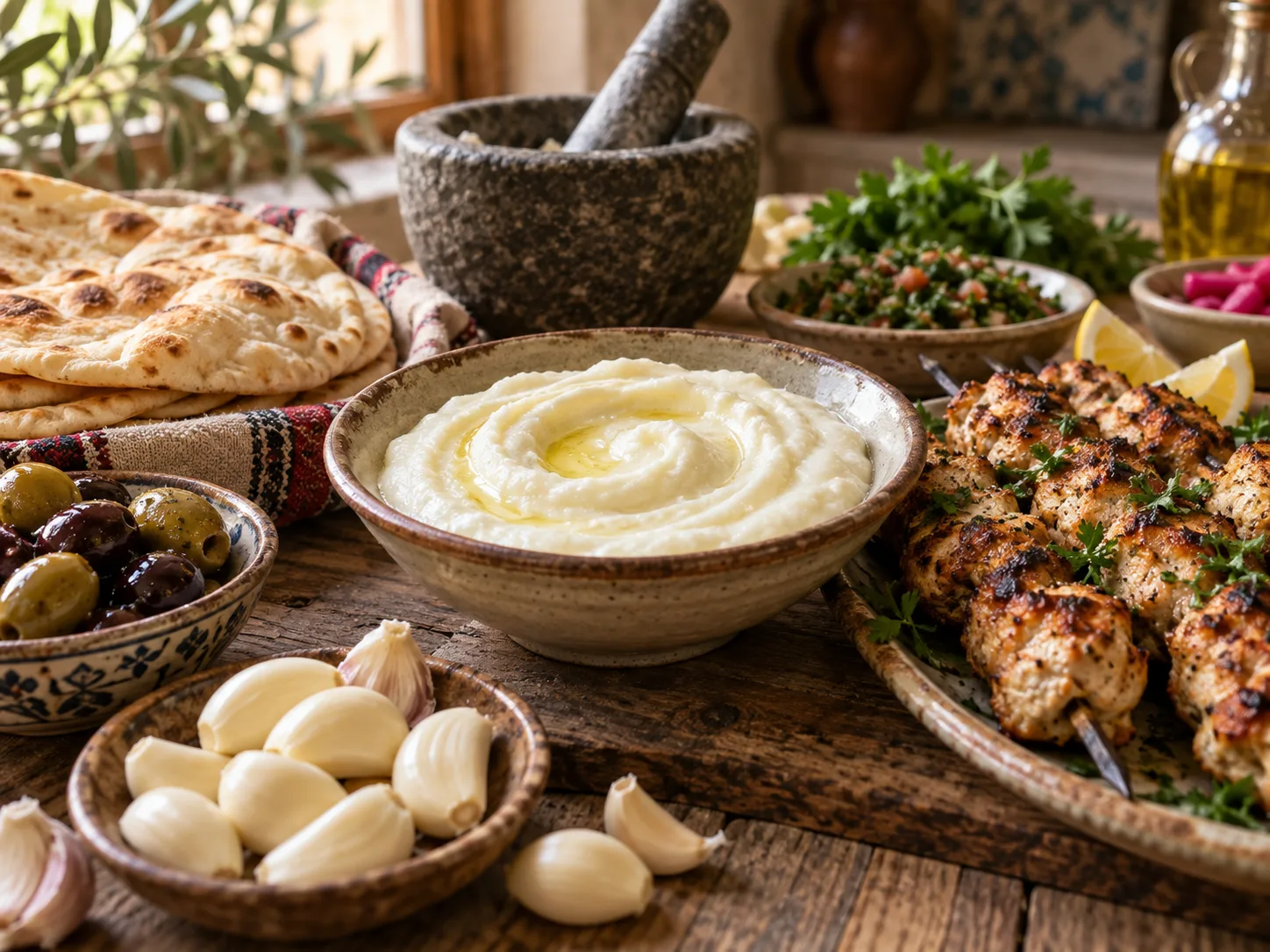 Mesa de mezze de Oriente Medio con salsa de ajo